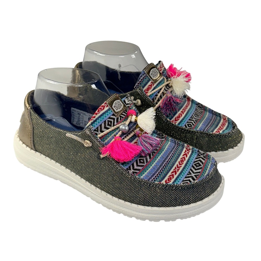 NEW Hey Dude Wendy‎ Boho Festival Shoes Womens 6 Black Multi Tribal Print Tassel